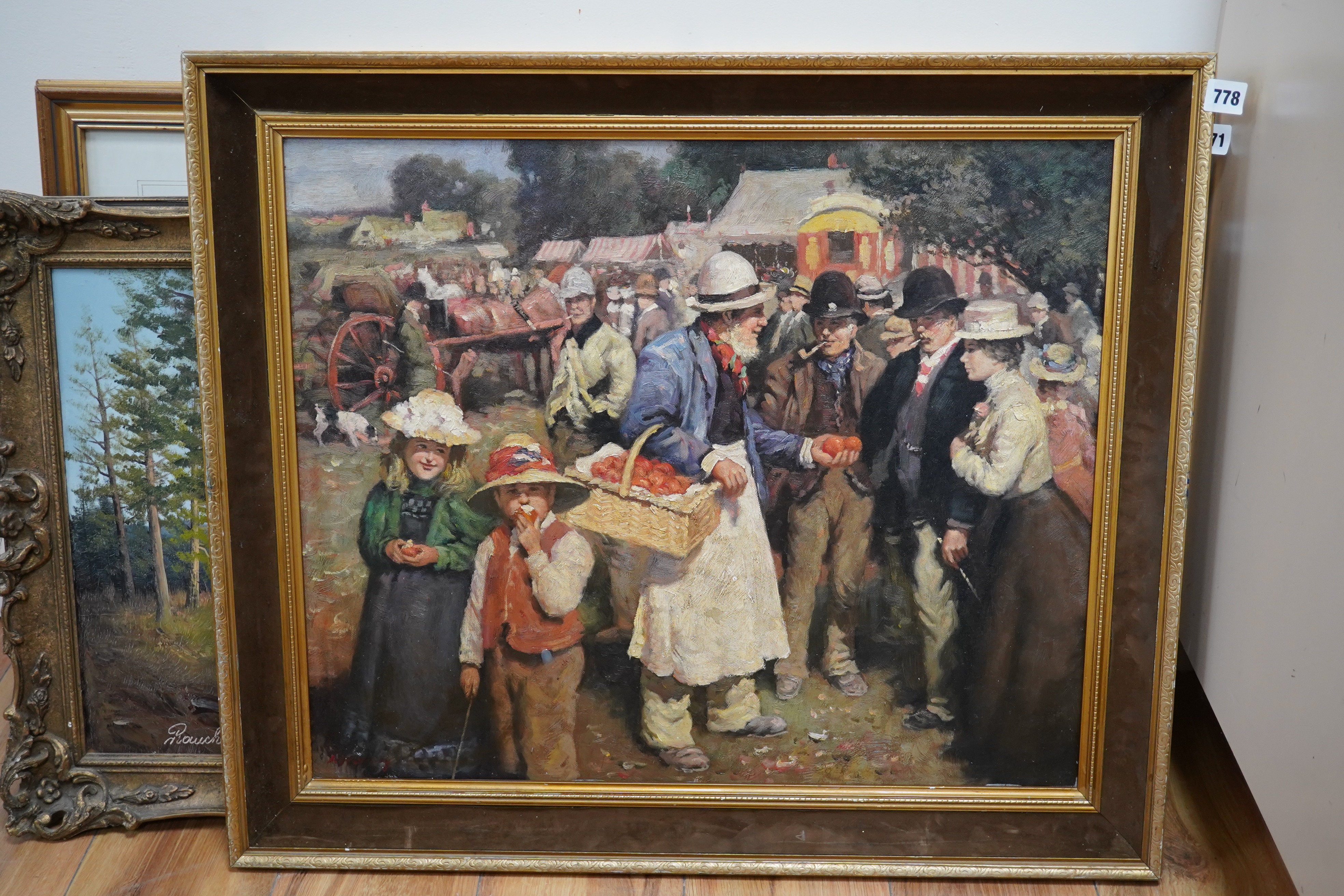 A decorative Impressionist oil on board, market scene, 50 x 60cm. Condition - good